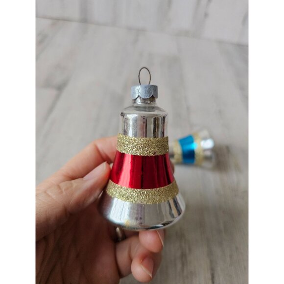 Vintage glitter mercury glass bell ornament gold striped green red blue set Xmas - Picture 3 of 15